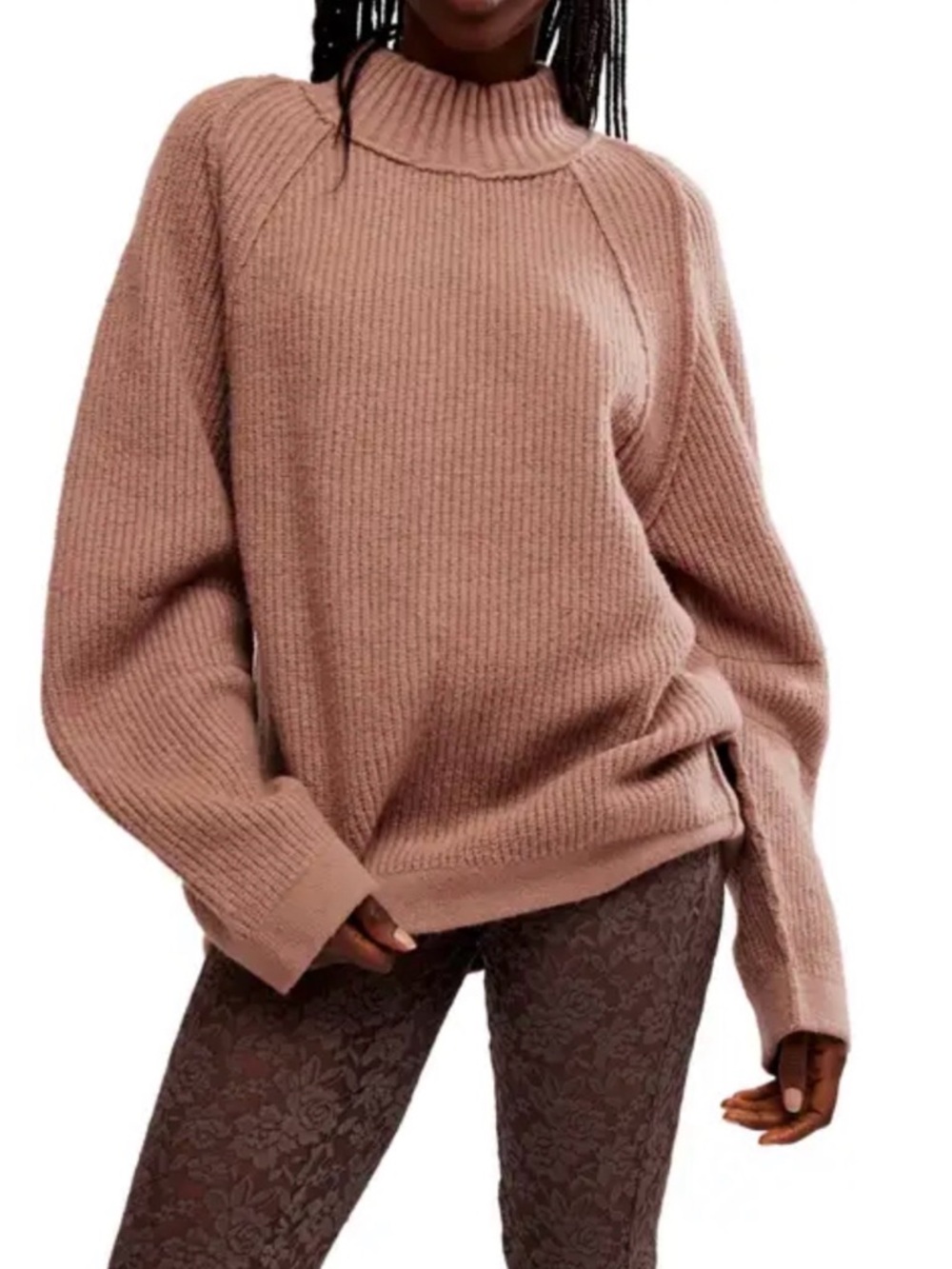 Free People Ribbed Mock Neck Sweater in Dusty Rose